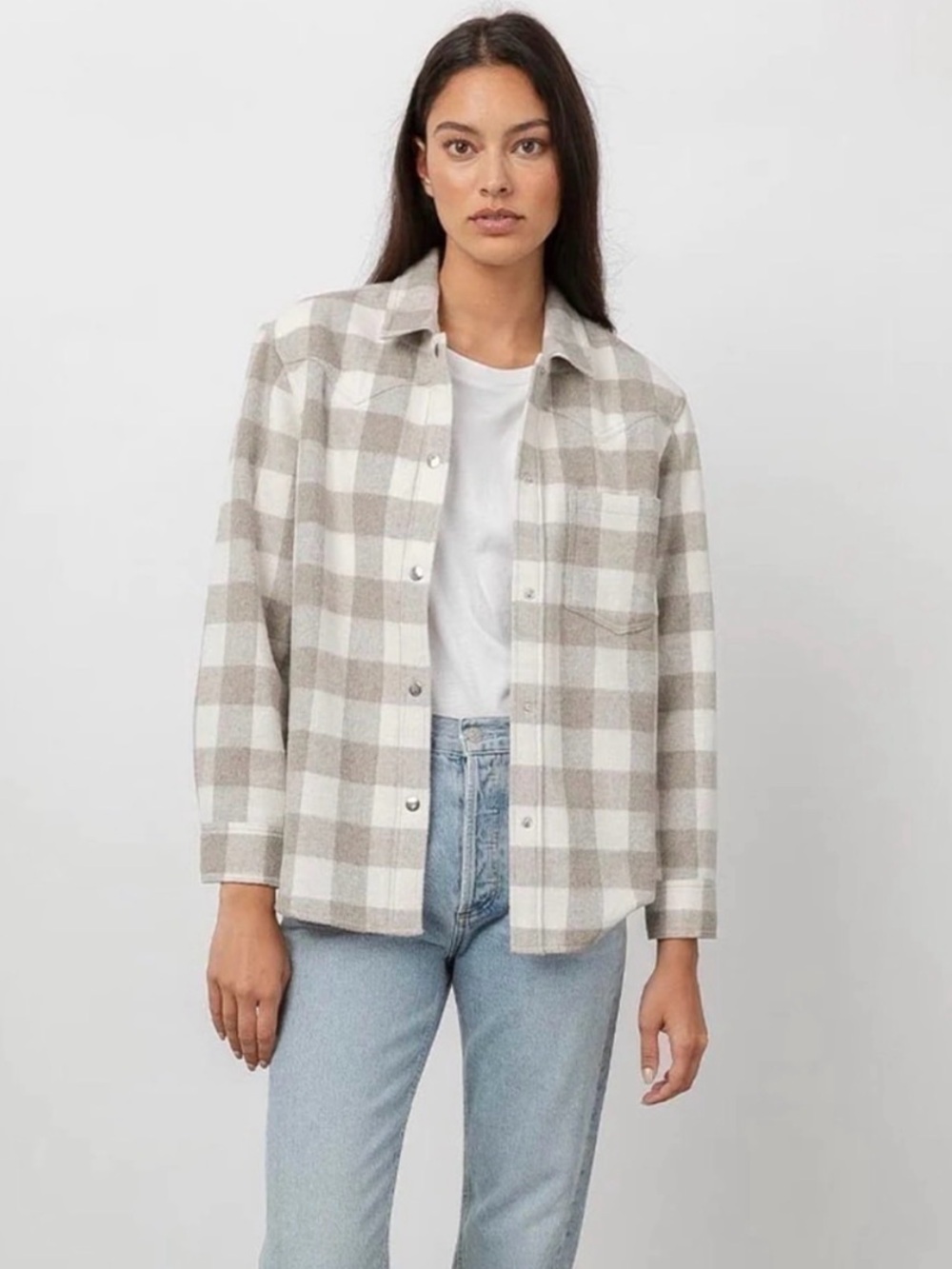 Rails | Tripp Plaid Shirt Jacket Shacket in Ivory Rain size L Wool Blend